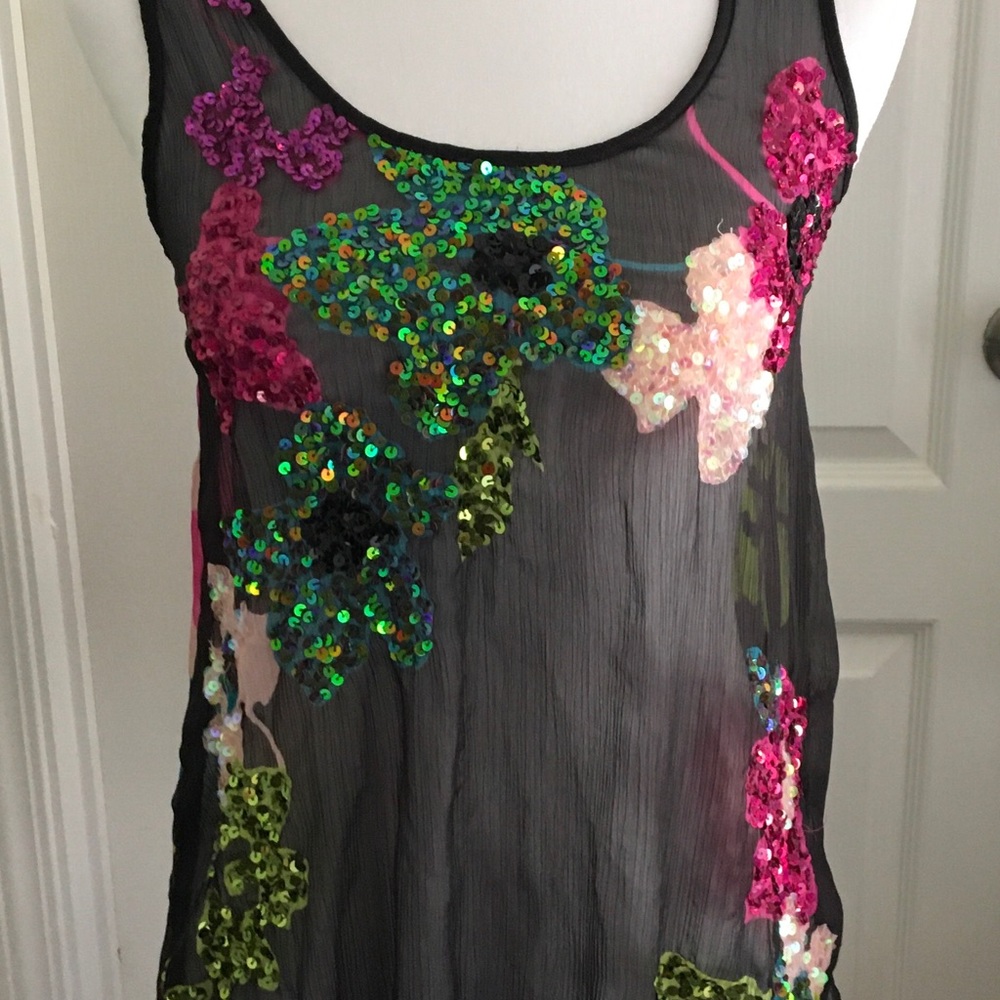 Black Sheer floral sequin tropical tank top